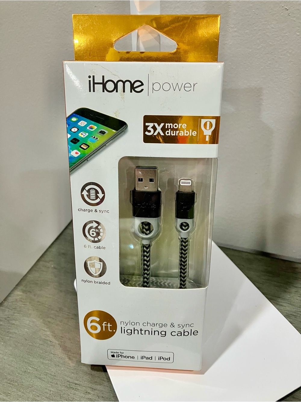 iHome Power 6ft Black Nylon Braided Lightning Charging Cable